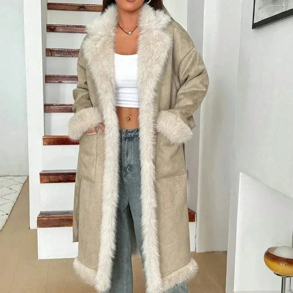 Beige Casual Women's Fuzzy Patchwork Long Sleeve Front Tie Pocket Jacket - Picture 5 of 7